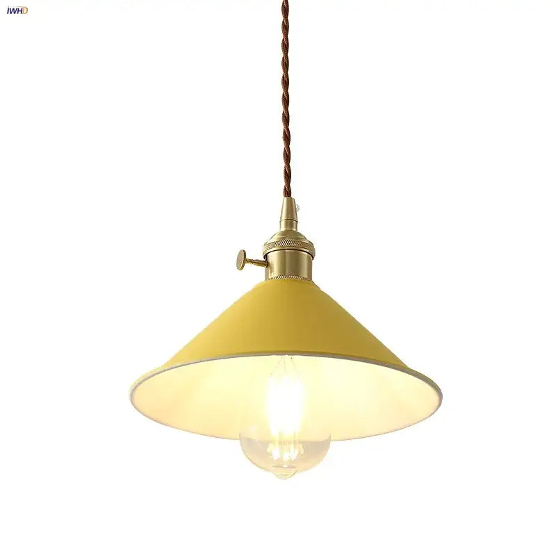 Modern yellow conical pendant light with copper knob for kitchens