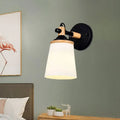 Modernist black & wood wall lamp with cream glass shade bedroom light