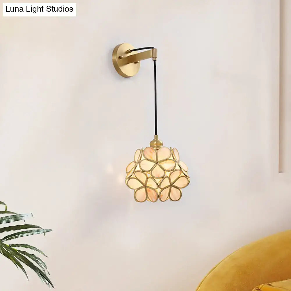 Modernist brass floral glass bulb bedside sconce light pink & clear