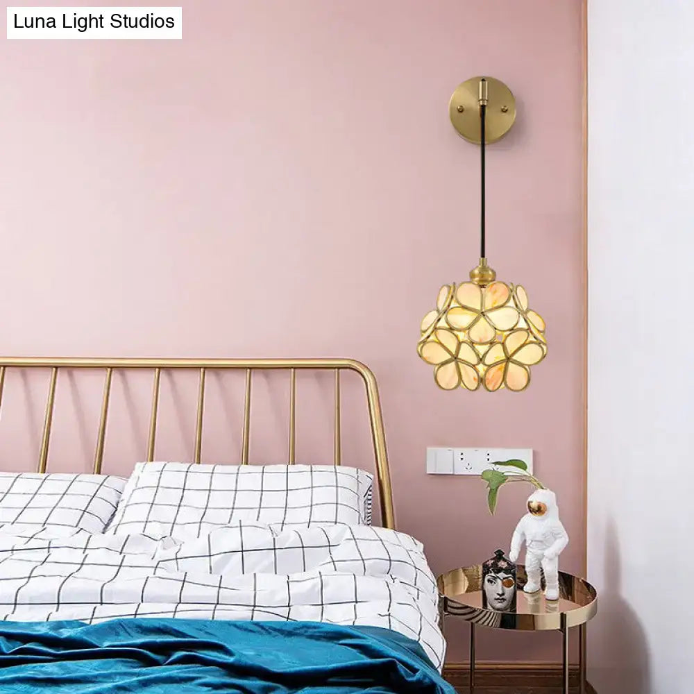Modernist brass floral glass bulb bedside sconce light pink & clear