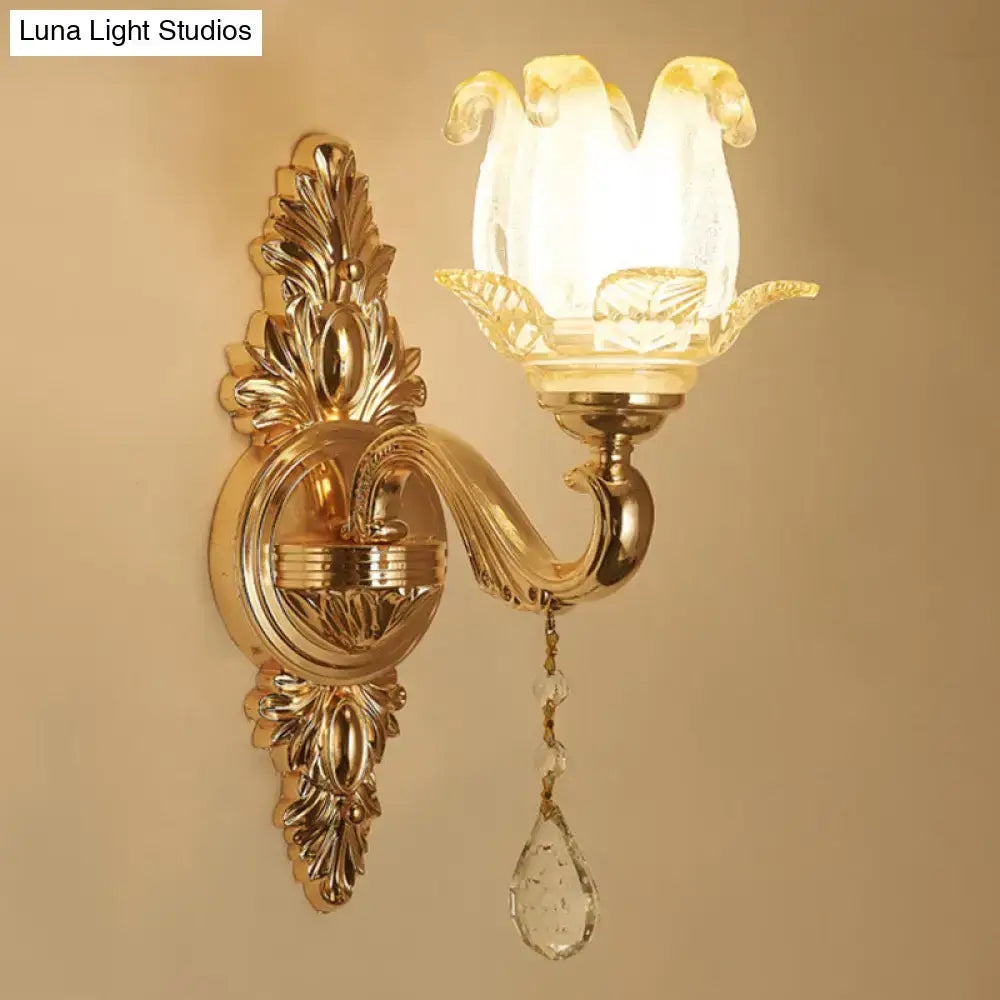 Modernist gold wall sconce with glass shade living room light