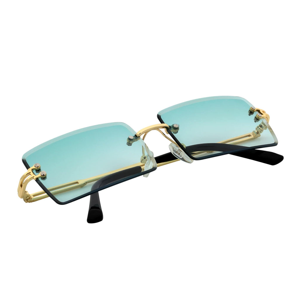 PREMIERE - Luxury 90s Small Metal Rimless Rectangle Sunglasses Gold Green Tint