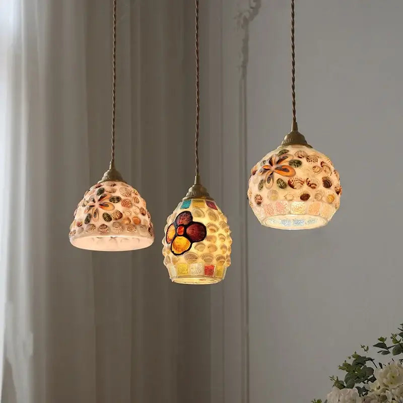 Mosaic floral & conch glass led pendant light dining room