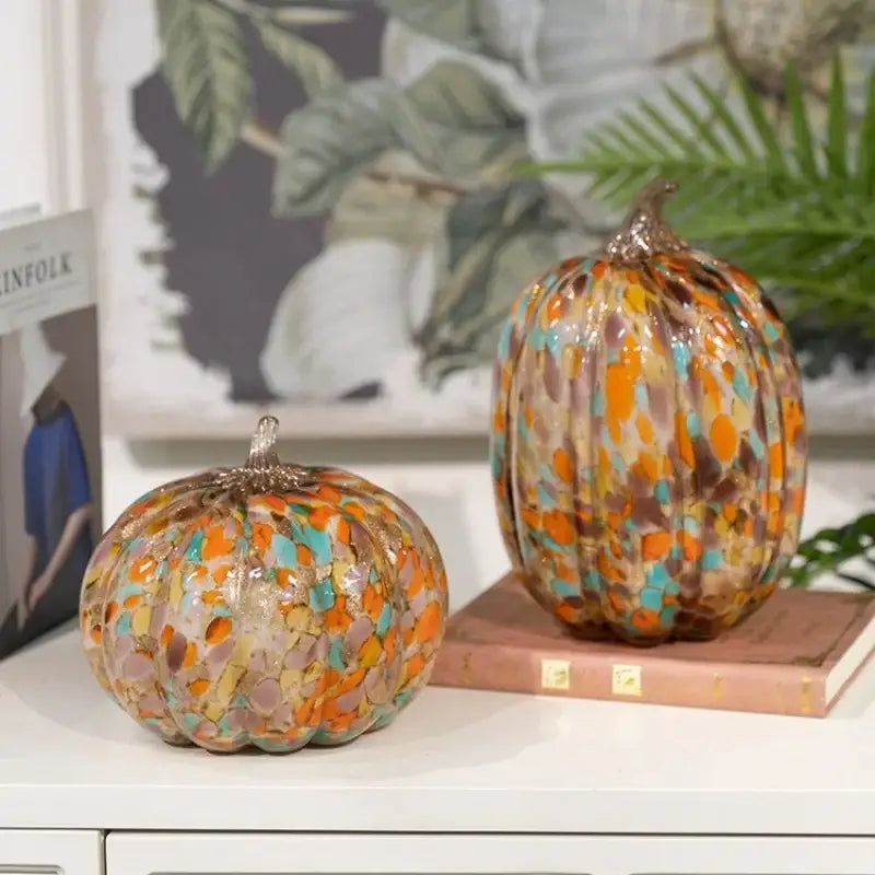 Mosaic orange & teal transparent glazed pumpkin sculpture living room decor