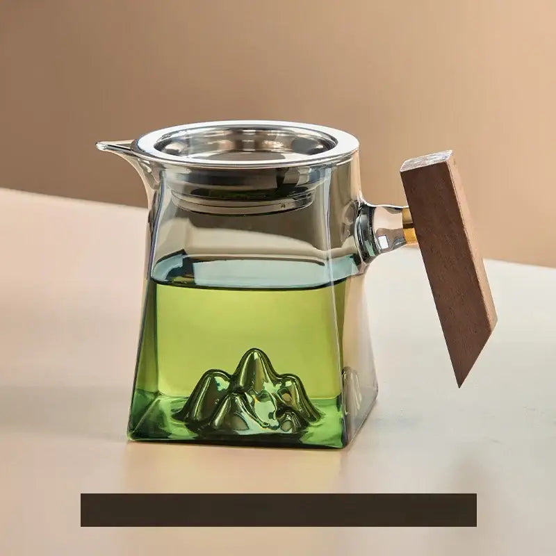 Mountain base glass tea cup set with wood handle dining room filter