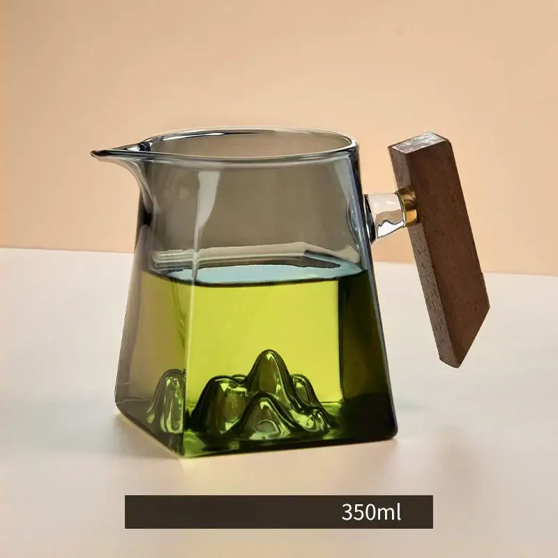 Mountain base glass tea cup set with wood handle dining room filter