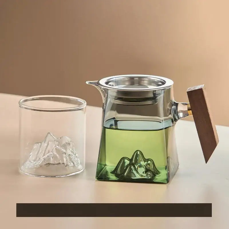 Mountain base glass tea cup set with wood handle dining room filter