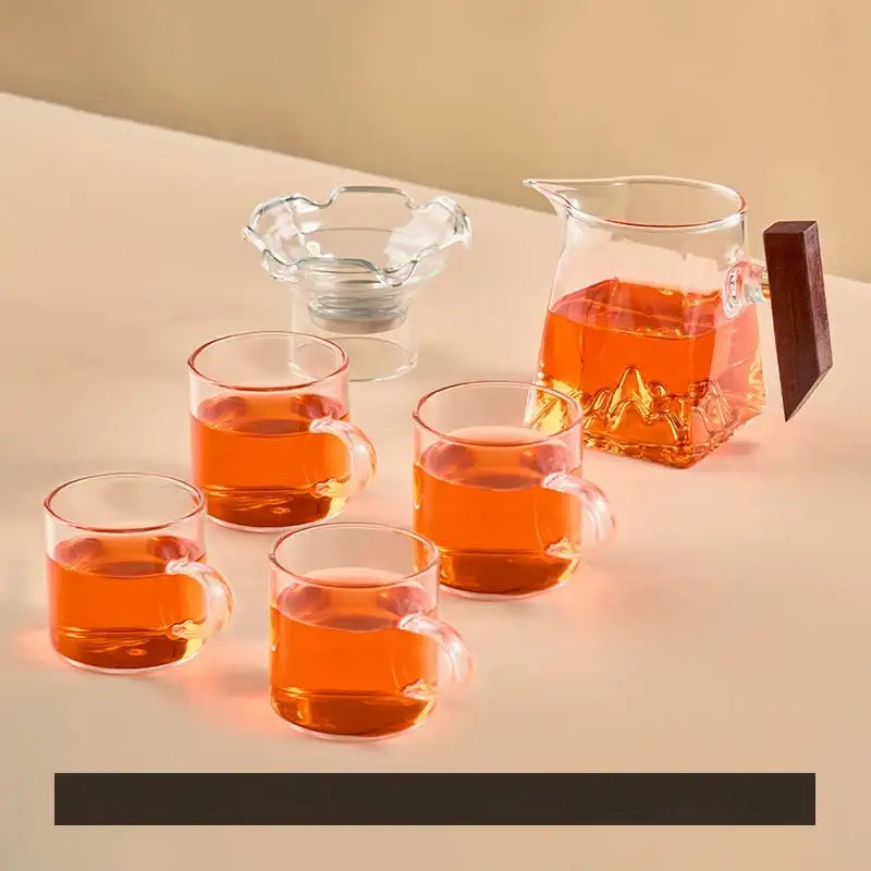 Mountain base glass tea cup set with wood handle dining room filter