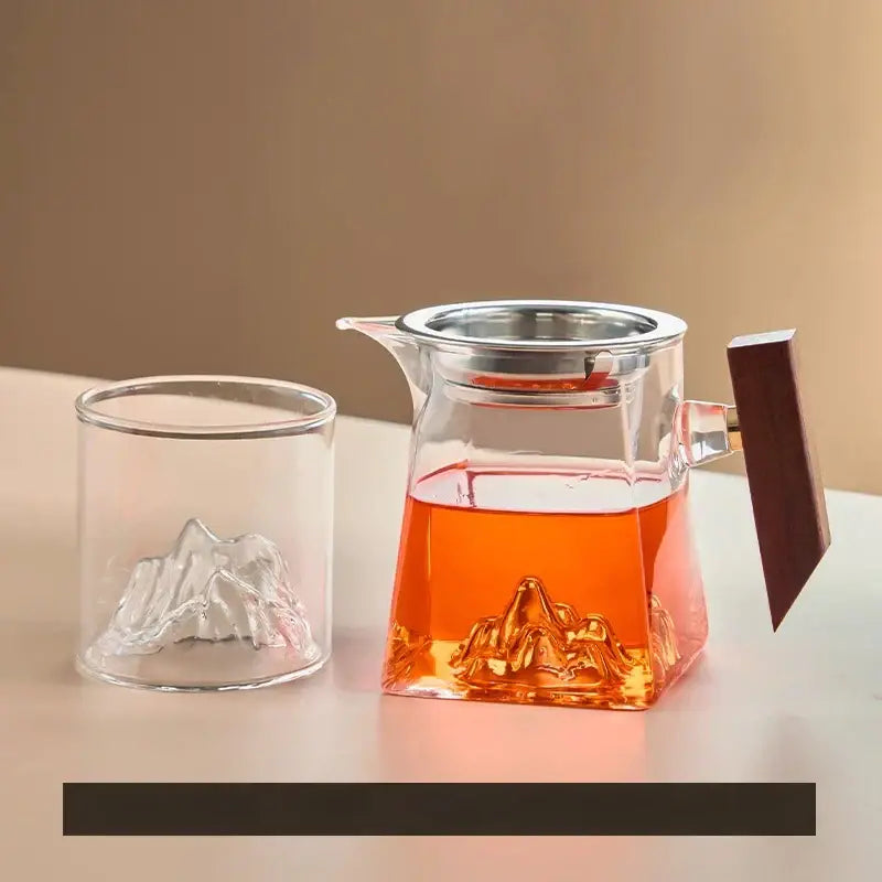 Mountain base glass tea cup set with wood handle dining room filter