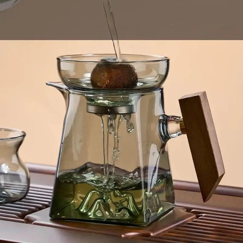 Mountain base glass tea cup set with wood handle dining room filter