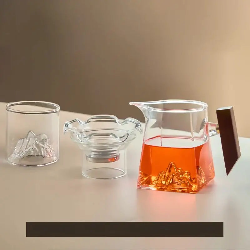 Mountain base glass tea cup set with wood handle dining room filter