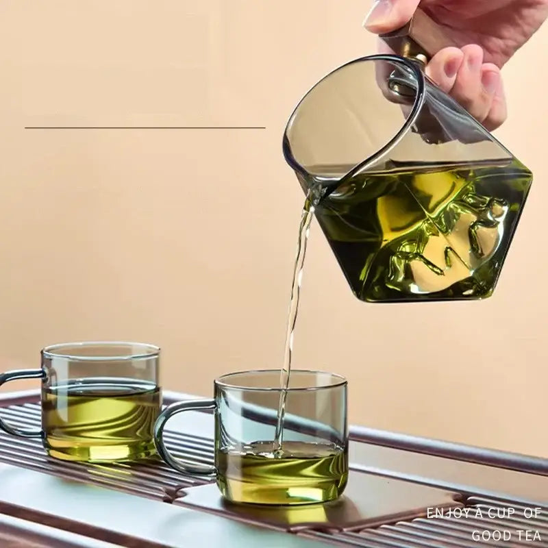 Mountain base glass tea cup set with wood handle dining room filter