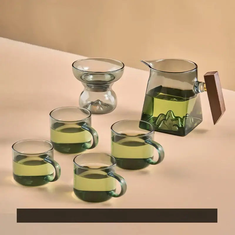 Mountain base glass tea cup set with wood handle dining room filter