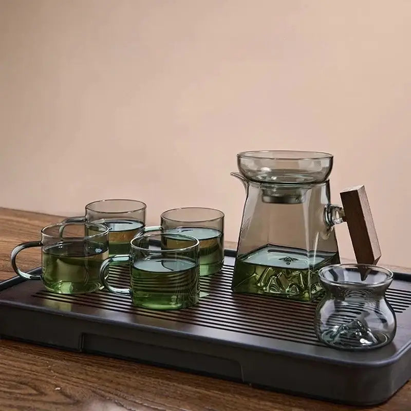 Mountain base glass tea cup set with wood handle dining room filter