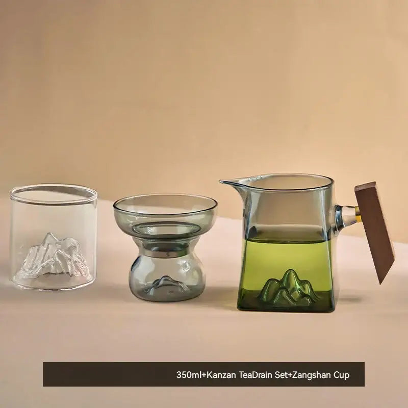 Mountain base glass tea cup set with wood handle dining room filter