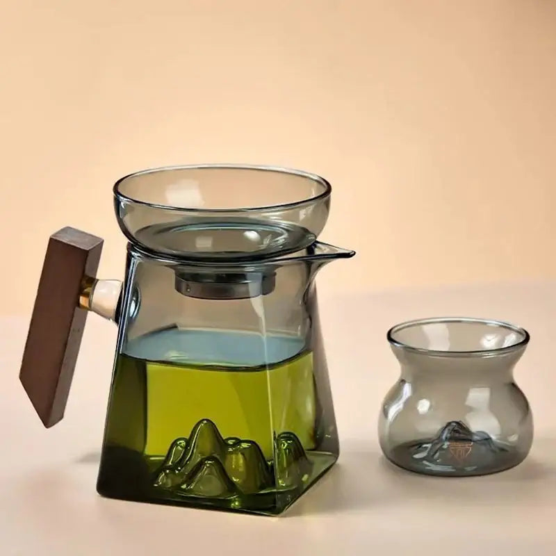 Mountain base glass tea cup set with wood handle dining room filter