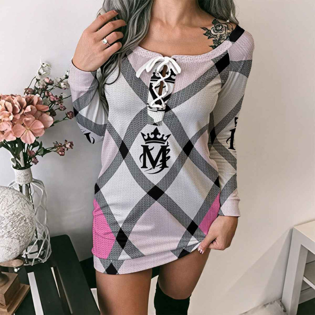 MUNSIEUR All-Over Print Women's Lace-Up Sweater Dress