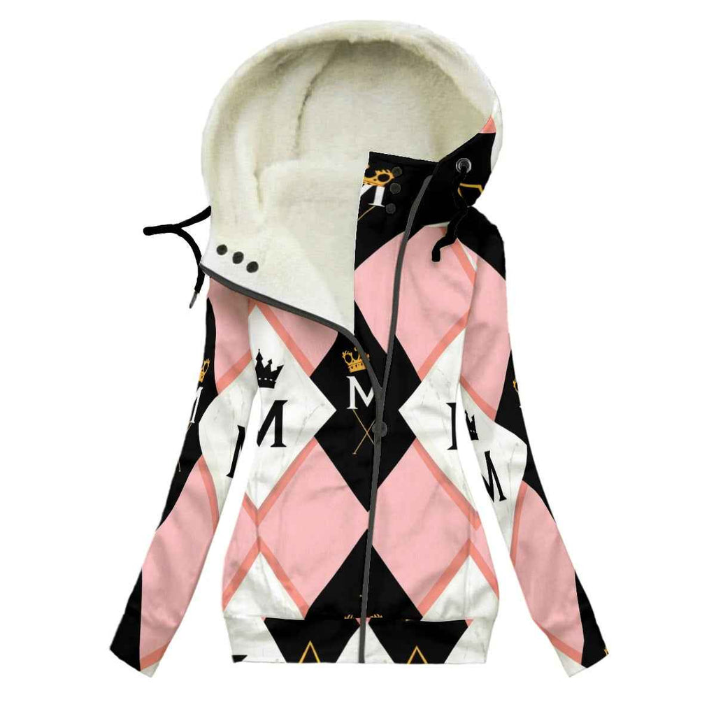 MUNSIEUR All-Over Print Women's Long Jacket With Fleece Lining — Pink