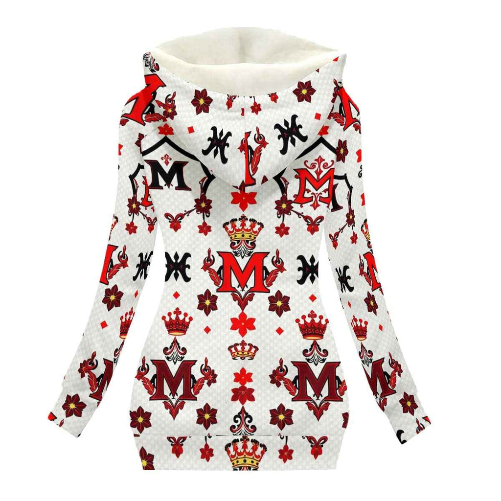 MUNSIEUR All-Over Print Women's Long Jacket With Fleece Lining — White II