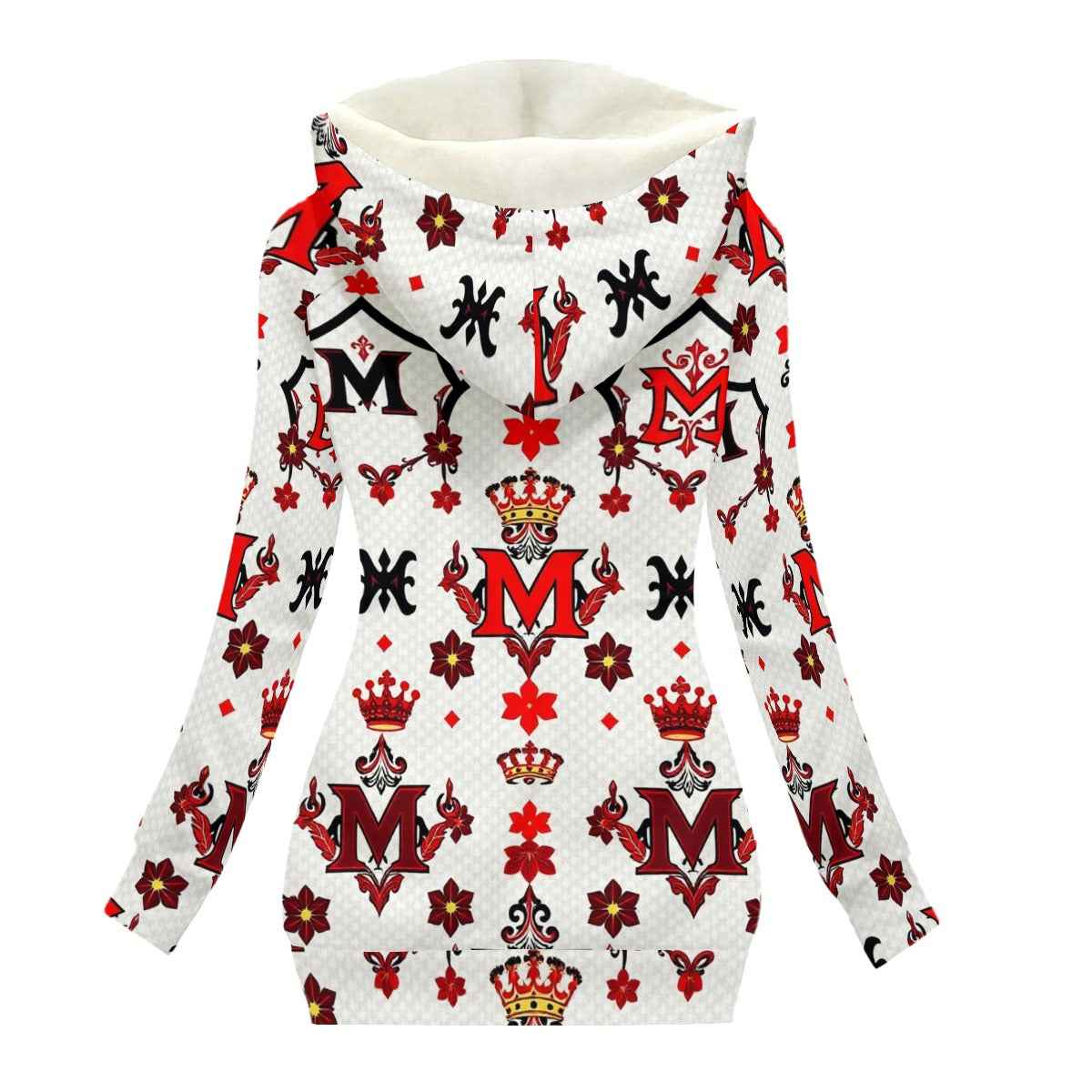 MUNSIEUR All-Over Print Women's Long Jacket With Fleece Lining — White II
