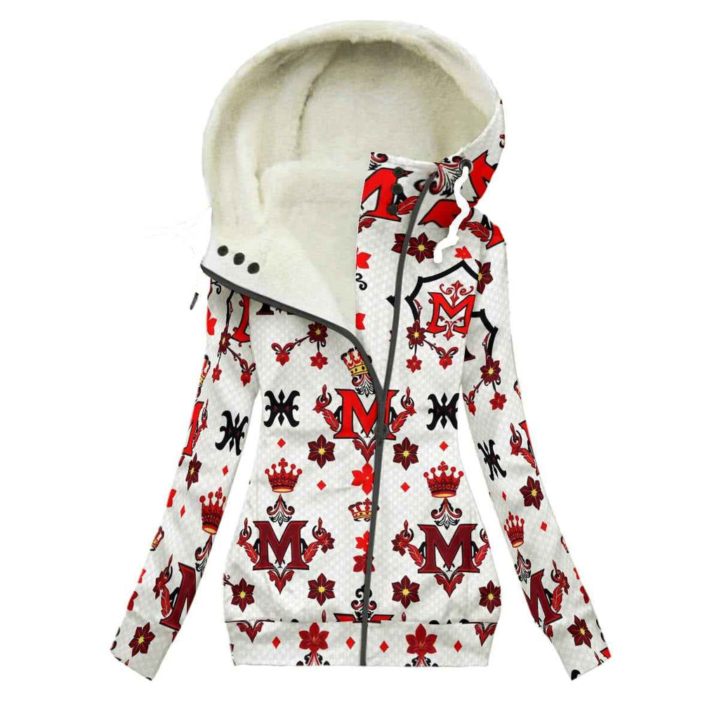 MUNSIEUR All-Over Print Women's Long Jacket With Fleece Lining — White II