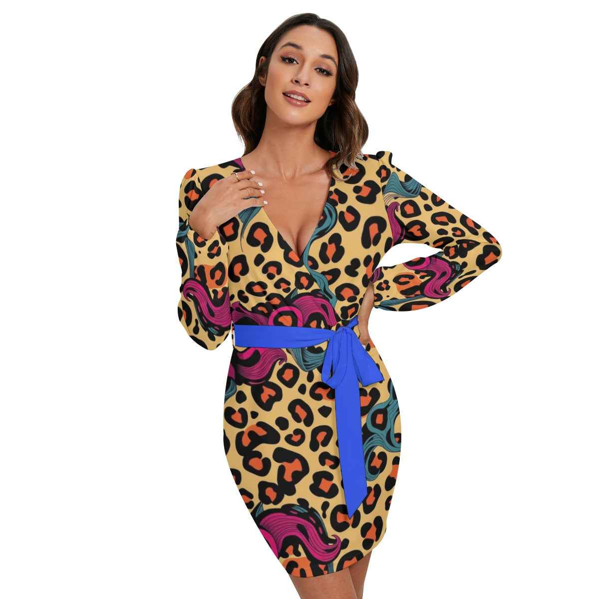 MUNSIEUR All-Over Print Women's Long Sleeve Dress With Waist Belt