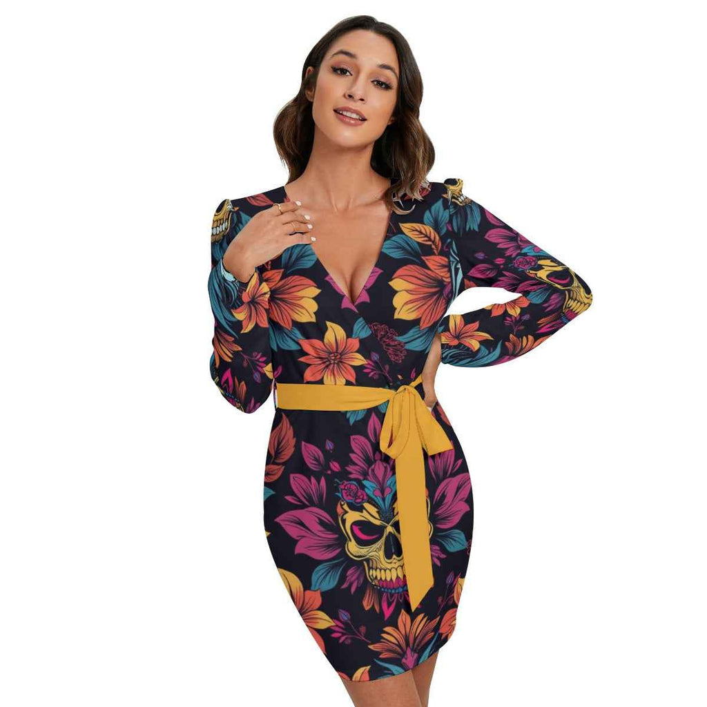 MUNSIEUR All-Over Print Women's Long Sleeve Dress With Waist Belt