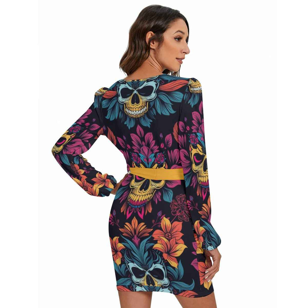 MUNSIEUR All-Over Print Women's Long Sleeve Dress With Waist Belt