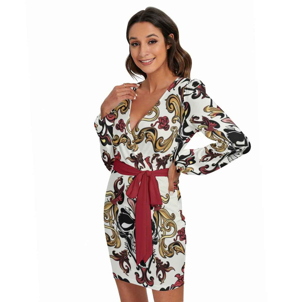 MUNSIEUR All-Over Print Women's Long Sleeve Dress With Waist Belt