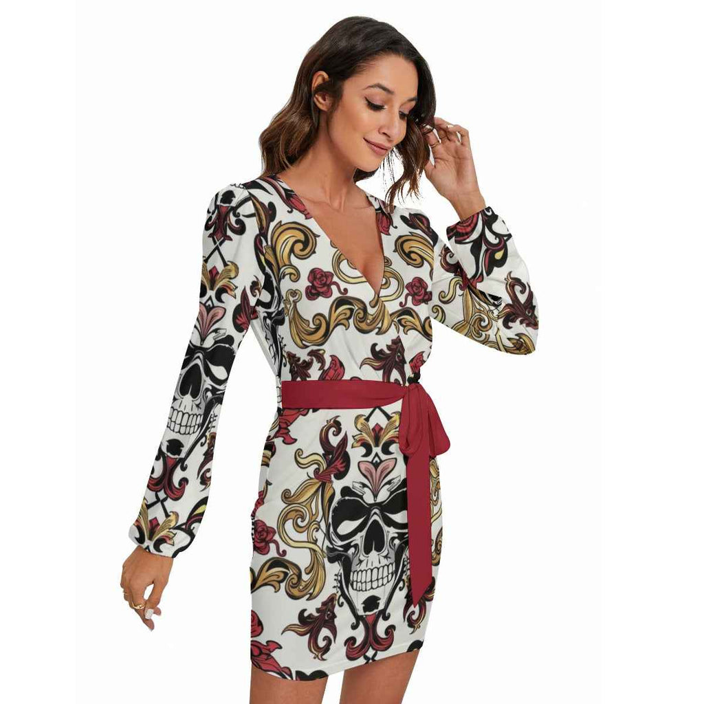 MUNSIEUR All-Over Print Women's Long Sleeve Dress With Waist Belt
