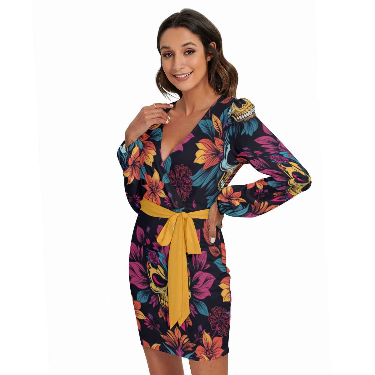 MUNSIEUR All-Over Print Women's Long Sleeve Dress With Waist Belt