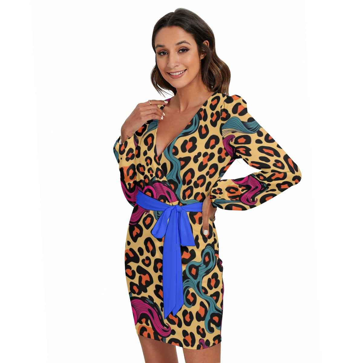 MUNSIEUR All-Over Print Women's Long Sleeve Dress With Waist Belt