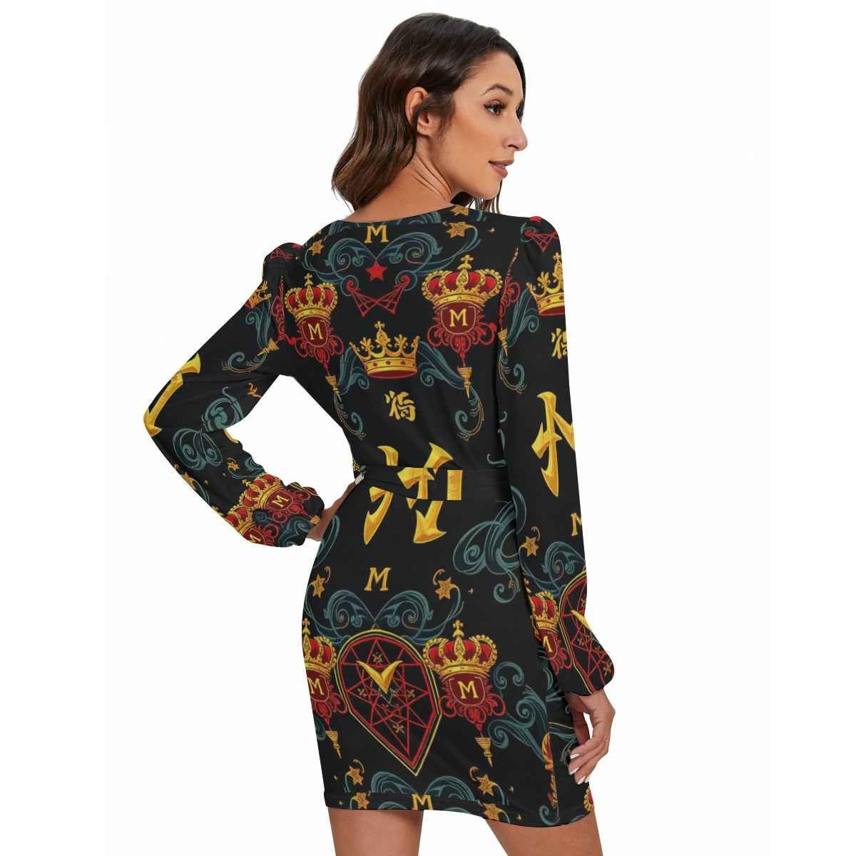 MUNSIEUR All-Over Print Women's Long Sleeve Dress With Waist Belt