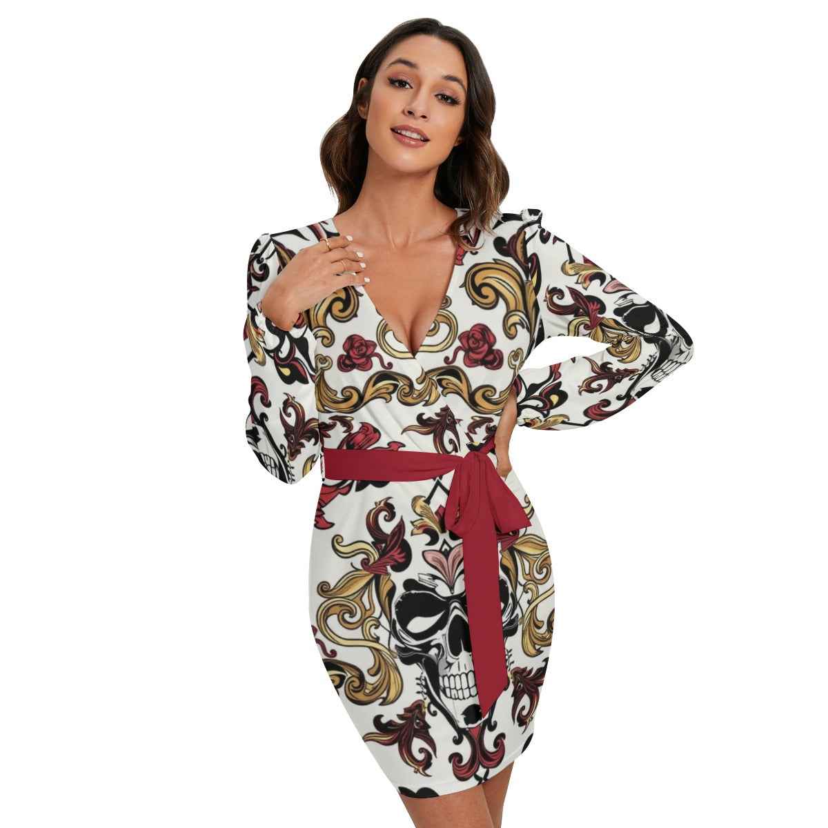 MUNSIEUR All-Over Print Women's Long Sleeve Dress With Waist Belt