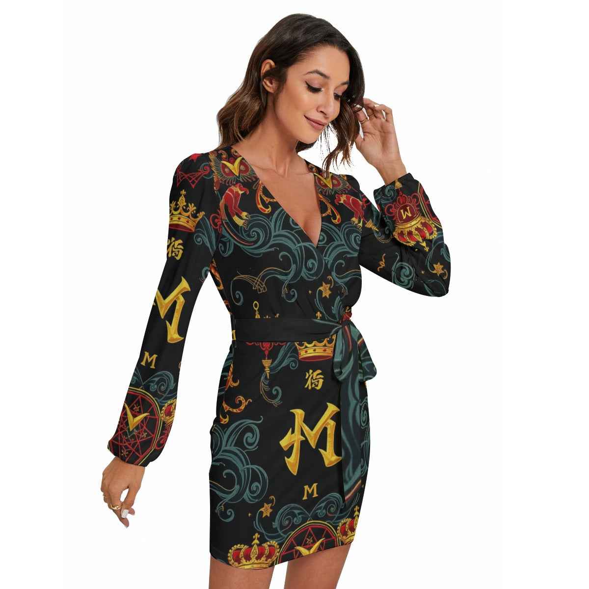 MUNSIEUR All-Over Print Women's Long Sleeve Dress With Waist Belt