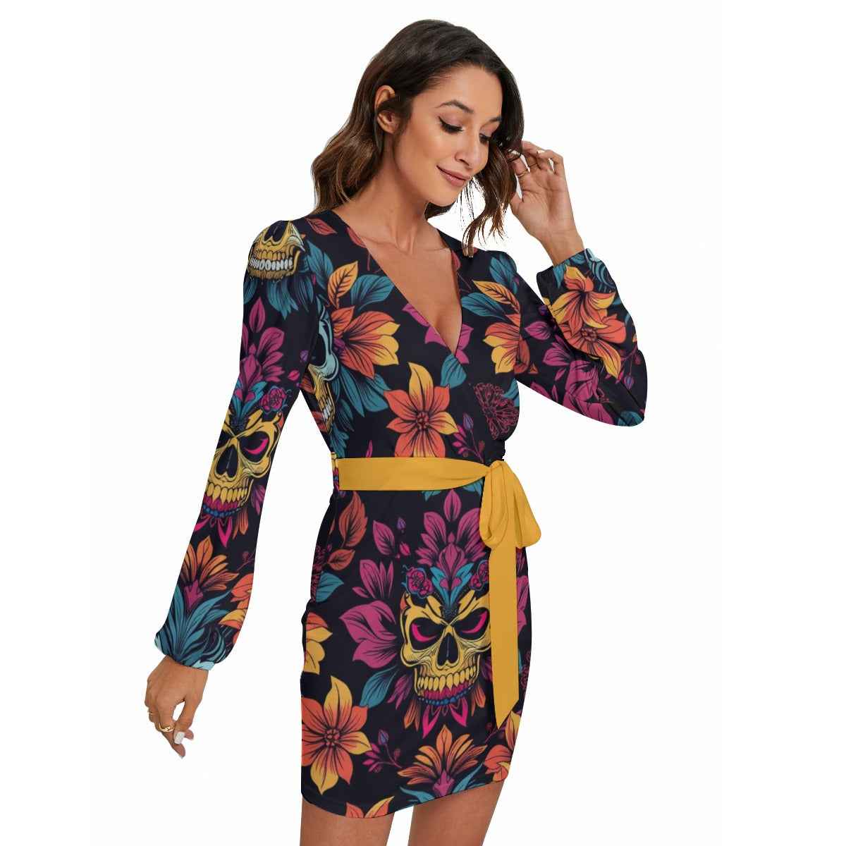 MUNSIEUR All-Over Print Women's Long Sleeve Dress With Waist Belt