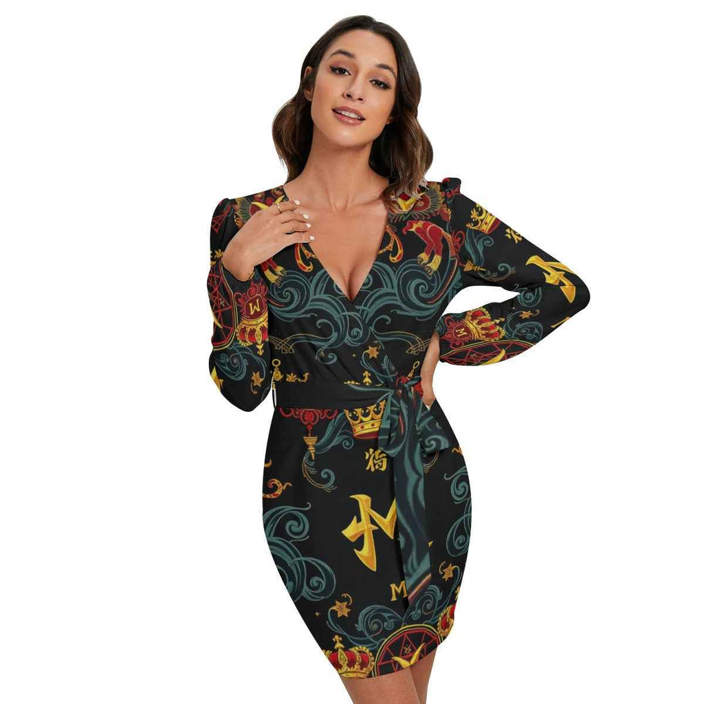 MUNSIEUR All-Over Print Women's Long Sleeve Dress With Waist Belt