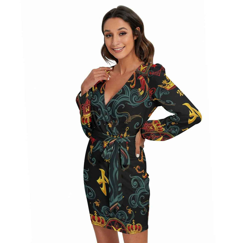 MUNSIEUR All-Over Print Women's Long Sleeve Dress With Waist Belt