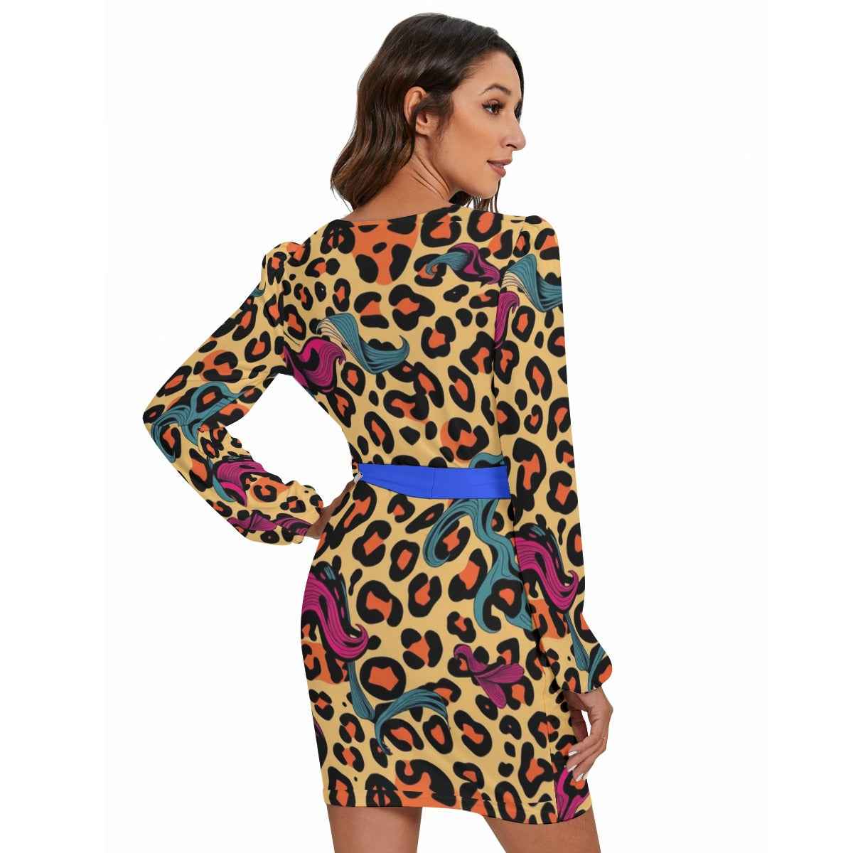 MUNSIEUR All-Over Print Women's Long Sleeve Dress With Waist Belt