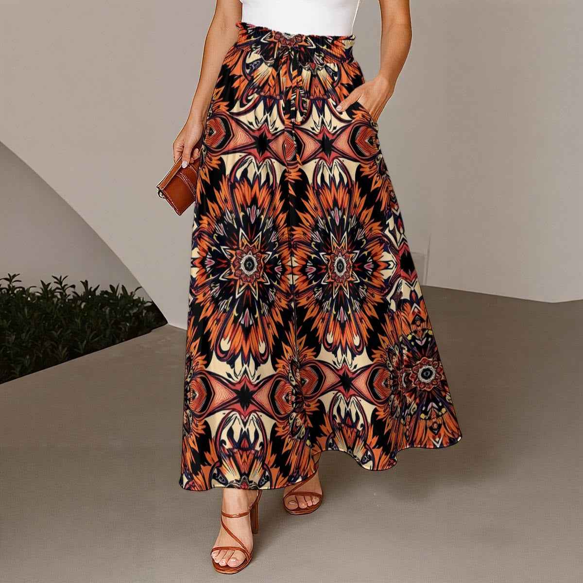MUNSIEUR All-Over Print Women's Ruffled Wide-Leg Flowy Boho Jeans