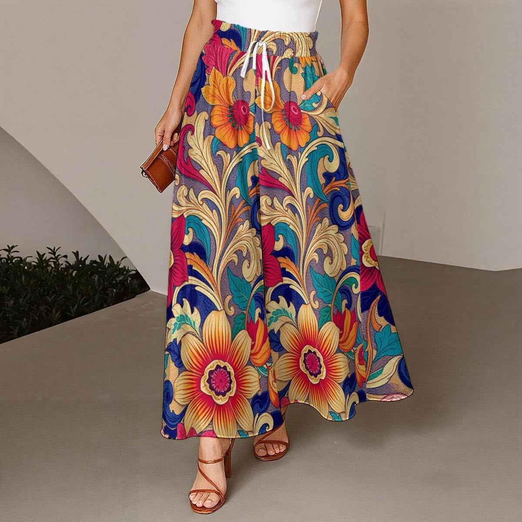 MUNSIEUR All-Over Print Ruffled Wide-Leg Flowy Boho Jeans
