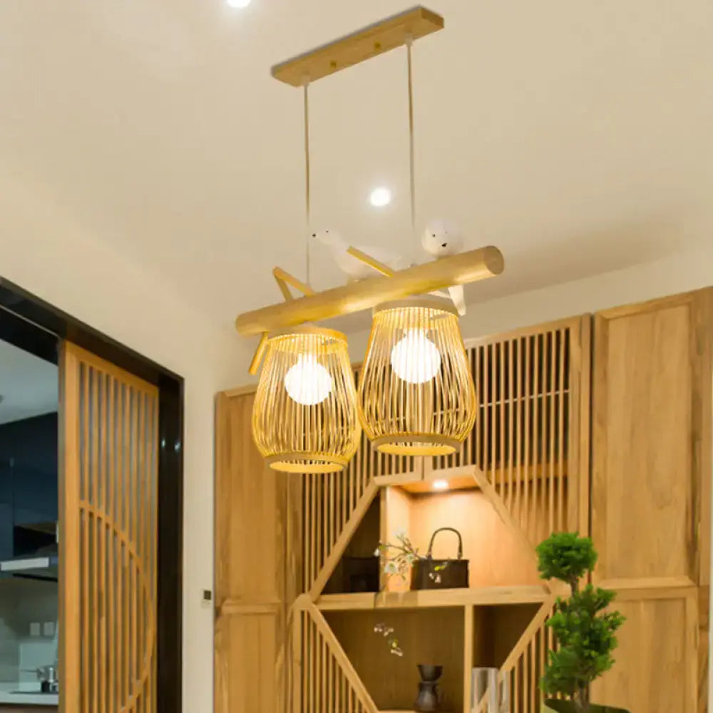 Natural bamboo barrel pendant lights dining room island two lanterns