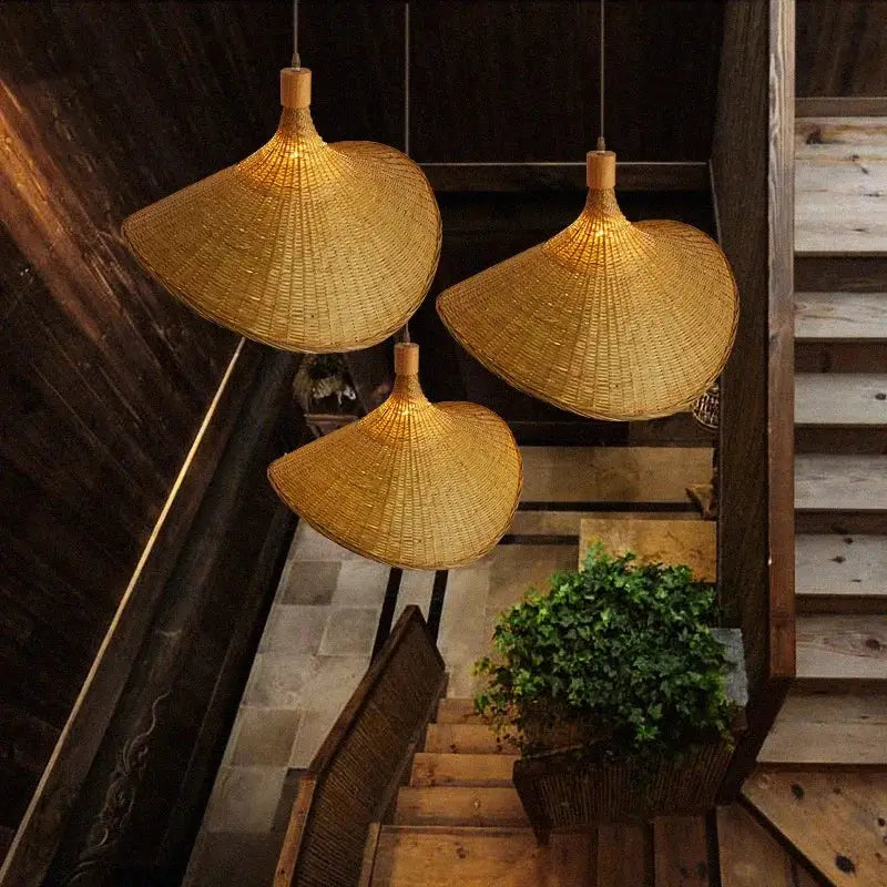 Natural light brown bamboo wicker chandelier dining room pendant light
