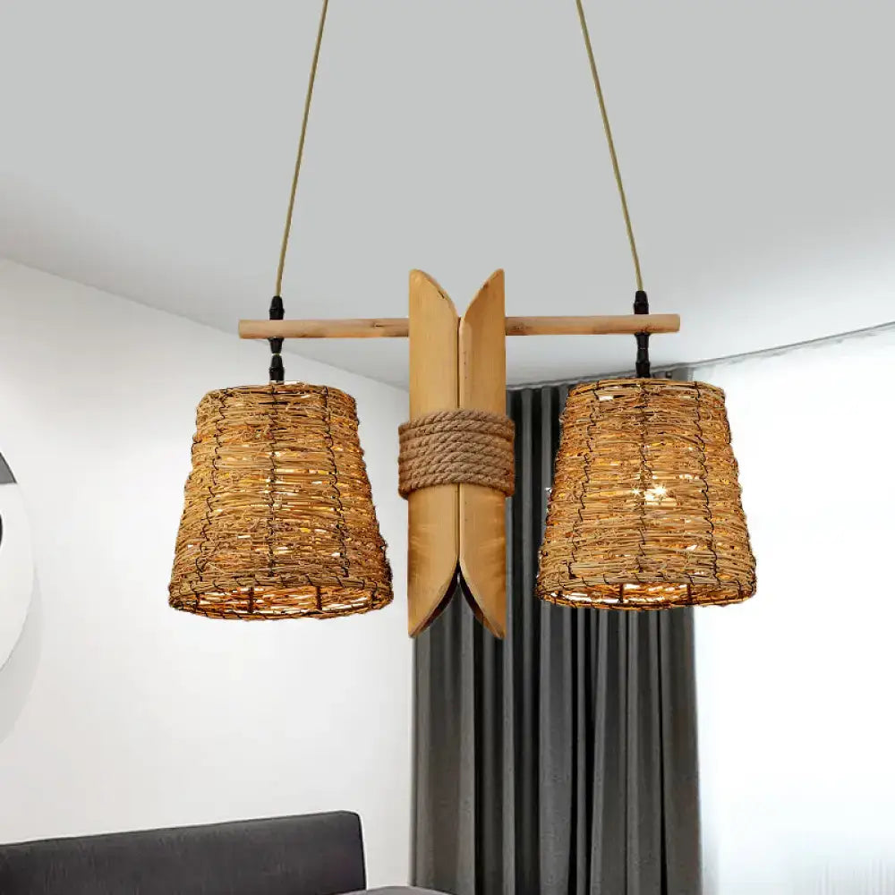 Natural woven rattan 2 light conic restaurant island ceiling light