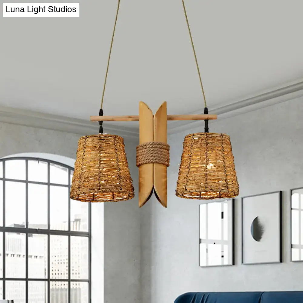 Natural woven rattan 2 light conic restaurant island ceiling light