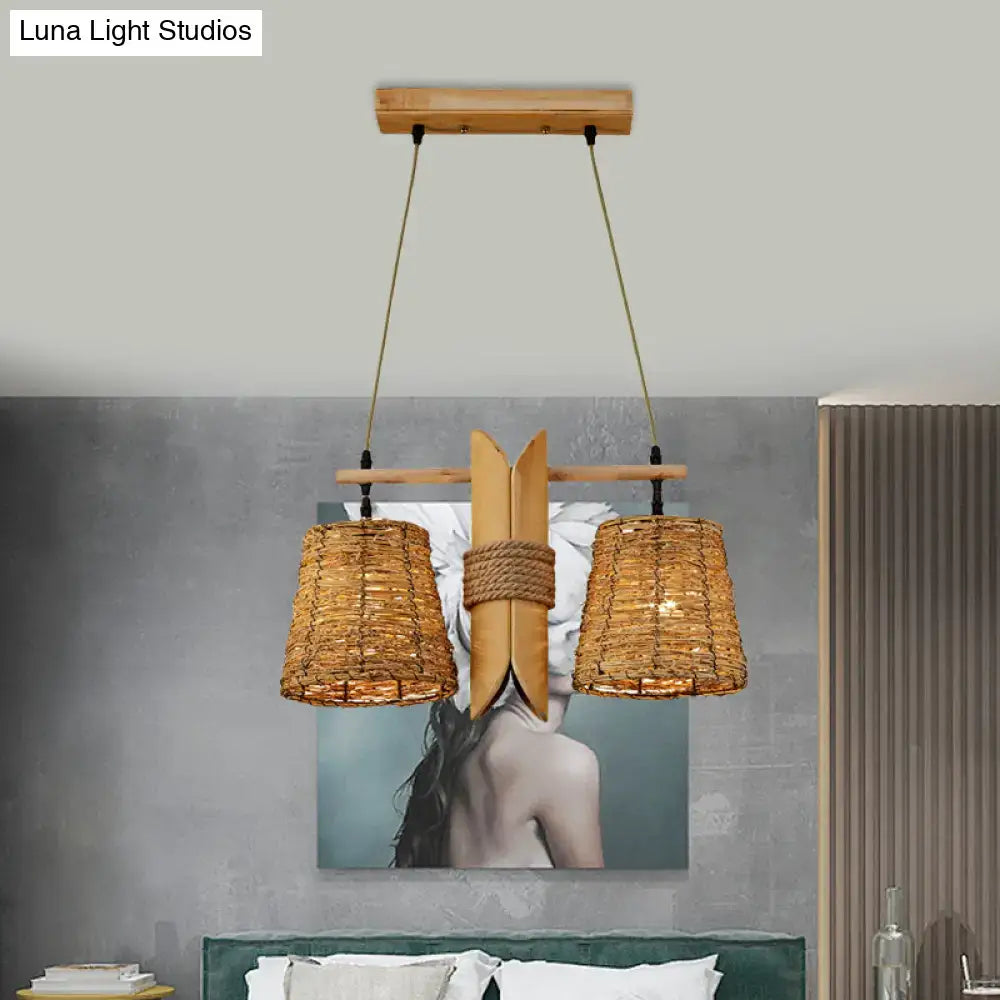 Natural woven rattan 2 light conic restaurant island ceiling light