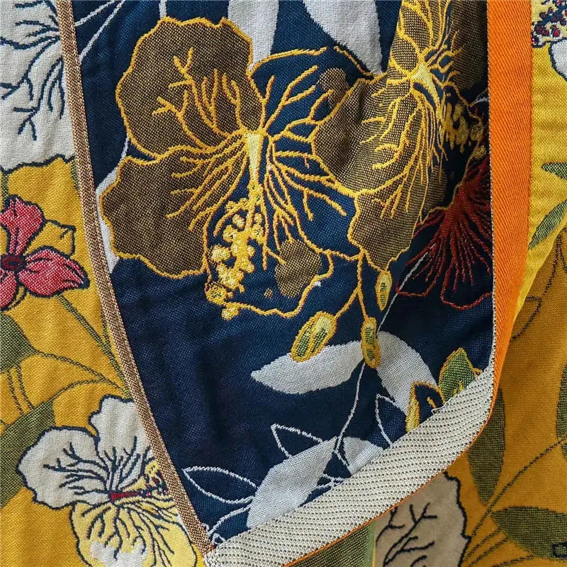 Navy blue gold hibiscus cat bath towel bathroom cotton gauze