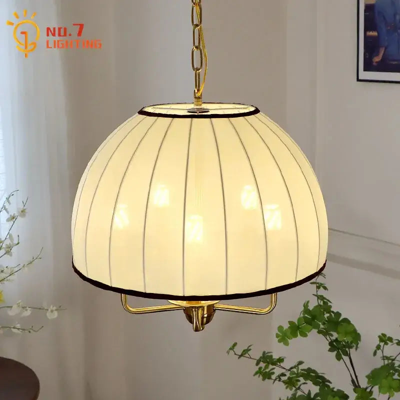 Neoclassical cream striped glass pendant light dining room brass frame