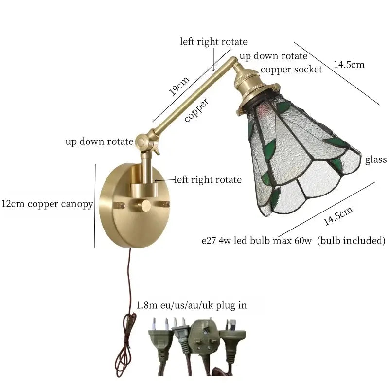 Nordic brass and clear glass wall sconce with bedroom pull chain