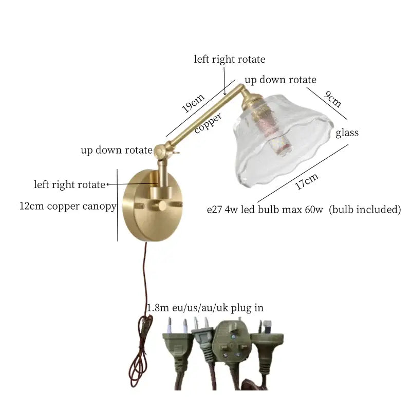 Nordic brass and clear glass wall sconce with bedroom pull chain